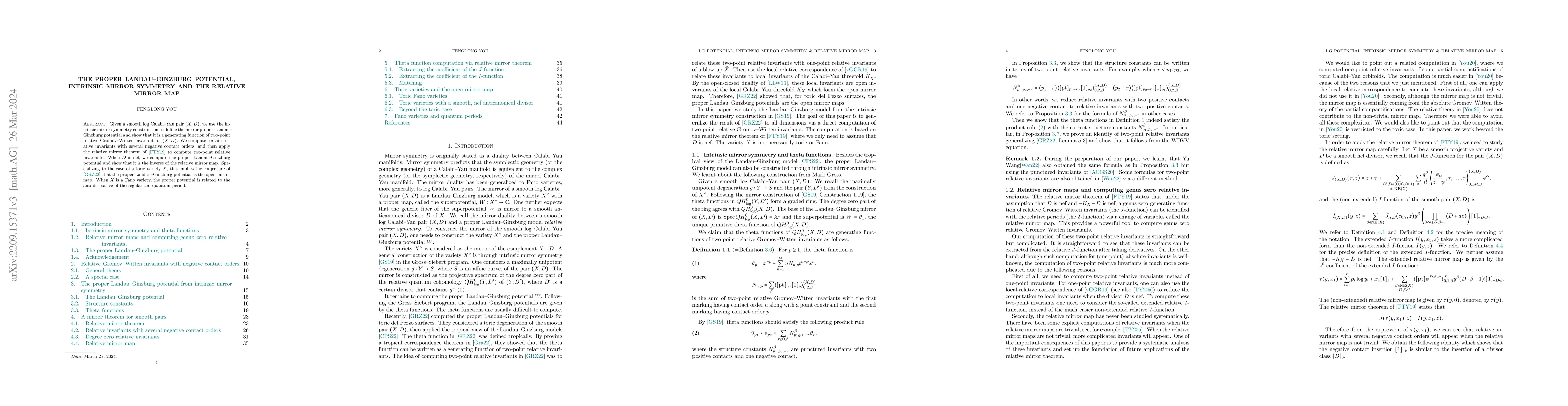 Thumbnail for The proper Landau--Ginzburg potential, intrinsic mirror symmetry and the
  relative mirror map