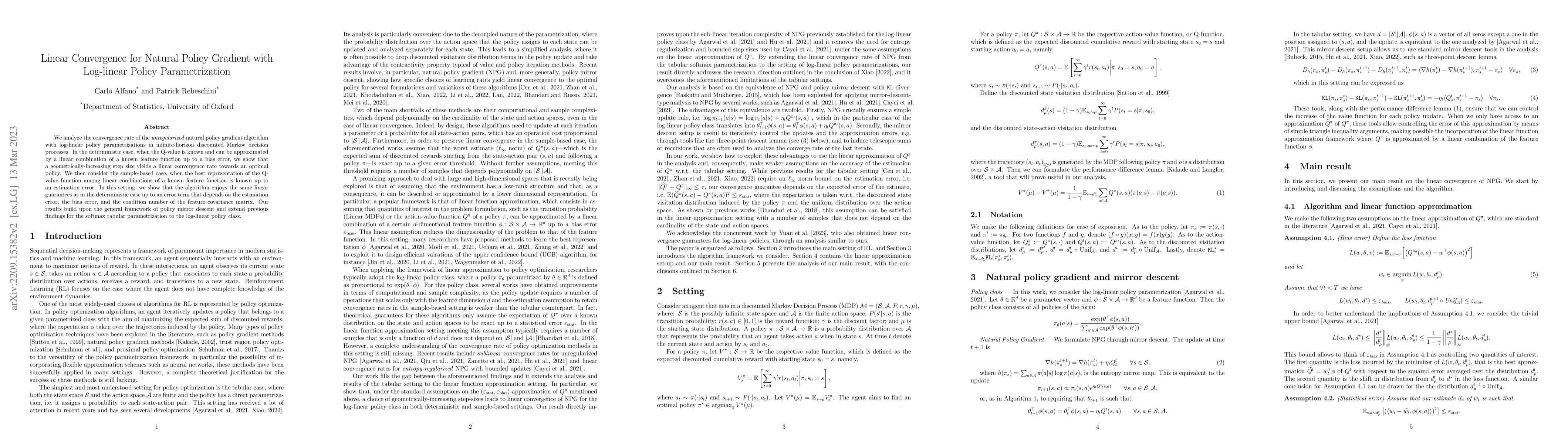 Thumbnail for Linear Convergence for Natural Policy Gradient with Log-linear Policy
  Parametrization