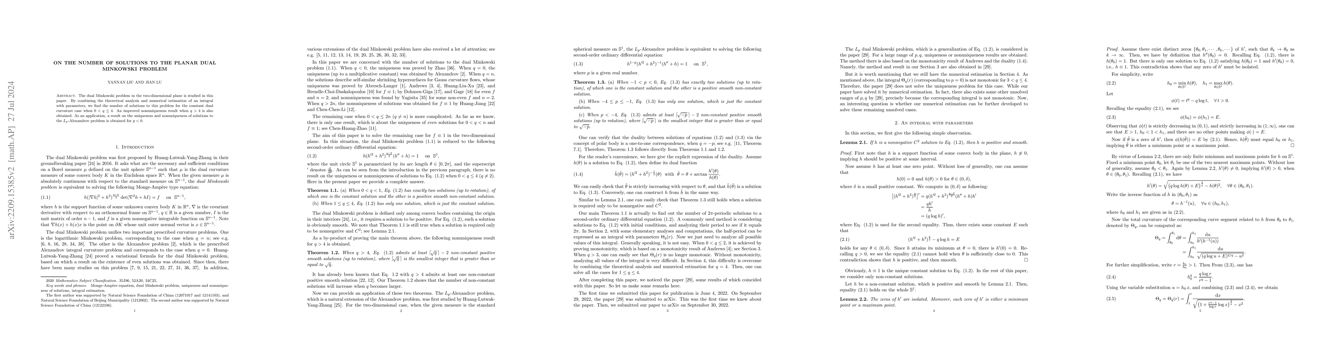 Thumbnail for On the number of solutions to the planar dual Minkowski problem