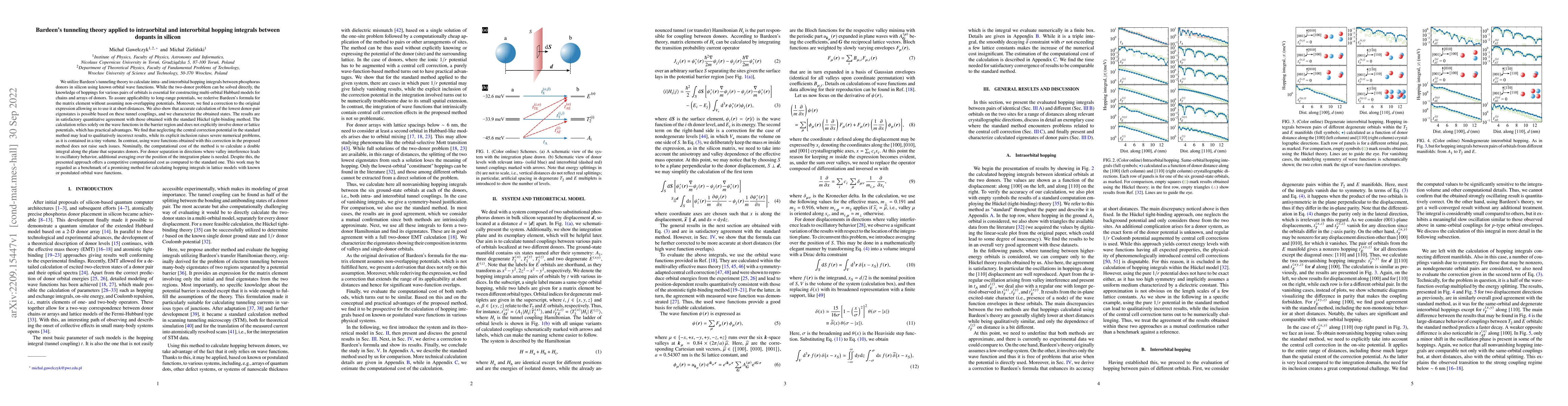 Thumbnail for Bardeen's tunneling theory applied to intraorbital and interorbital
  hopping integrals between dopants in silicon