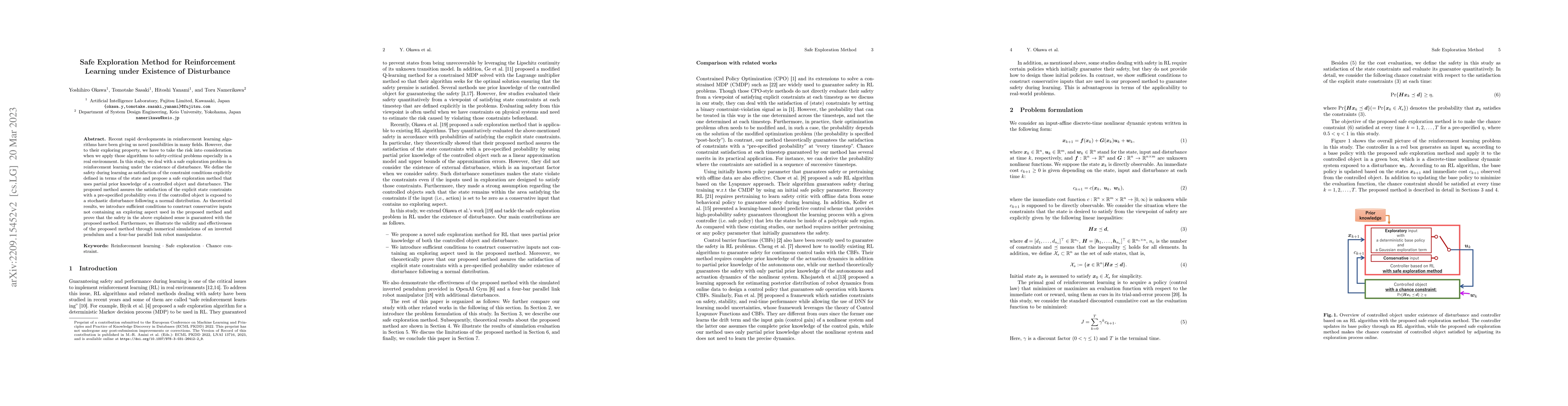 Thumbnail for Safe Exploration Method for Reinforcement Learning under Existence of
  Disturbance