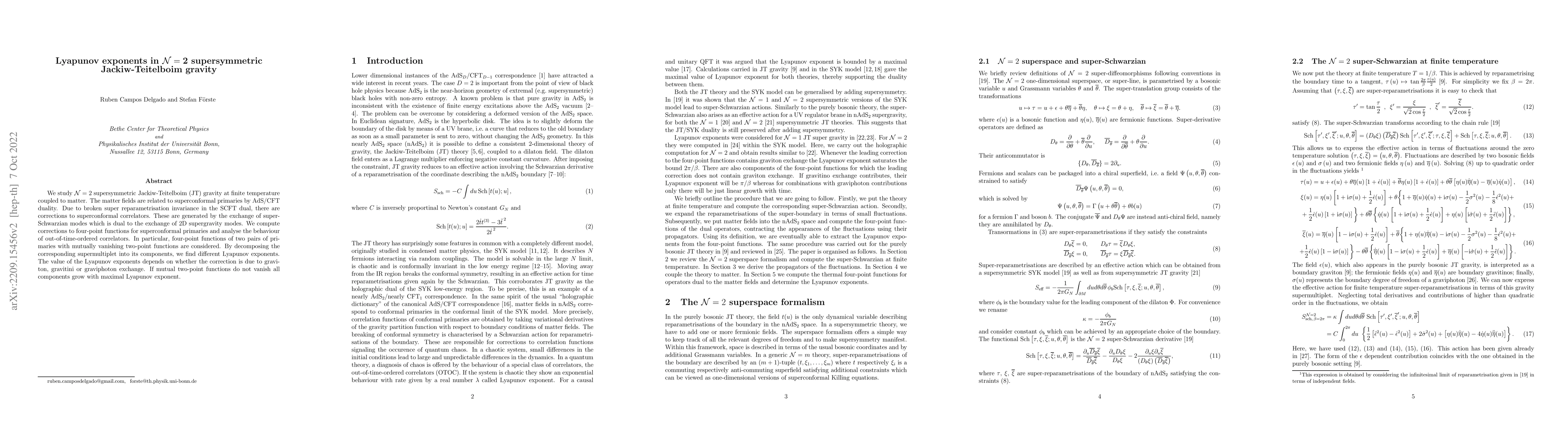 Thumbnail for Lyapunov exponents in $\mathbf{{\cal N}=2}$ supersymmetric
  Jackiw-Teitelboim gravity
