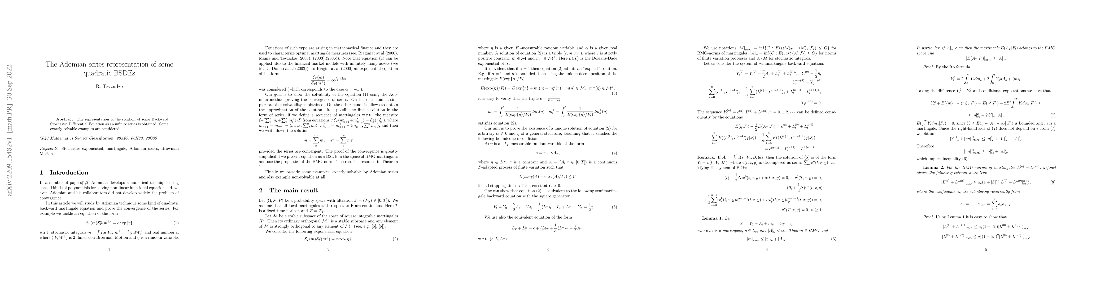Thumbnail for The Adomian series representation of some quadratic BSDEs