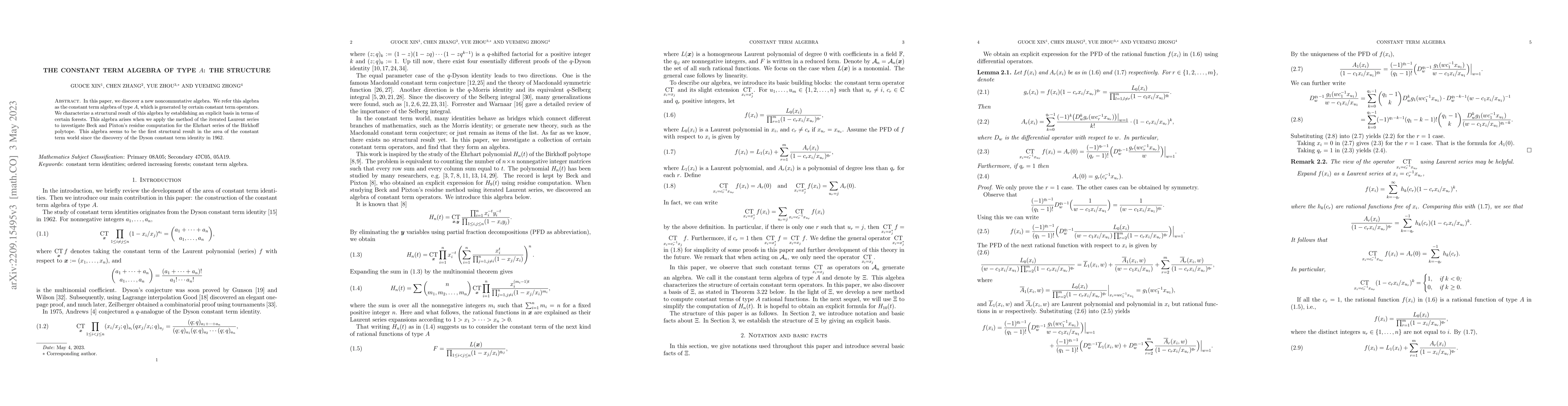 Thumbnail for The constant term algebra of type $A$: the Structure