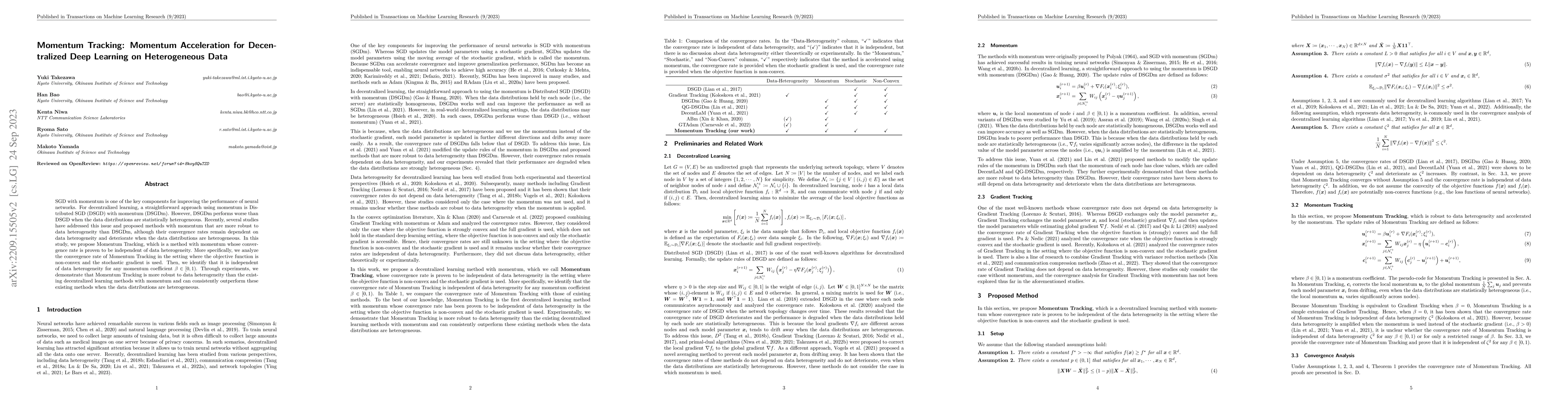 Thumbnail for Momentum Tracking: Momentum Acceleration for Decentralized Deep Learning
  on Heterogeneous Data
