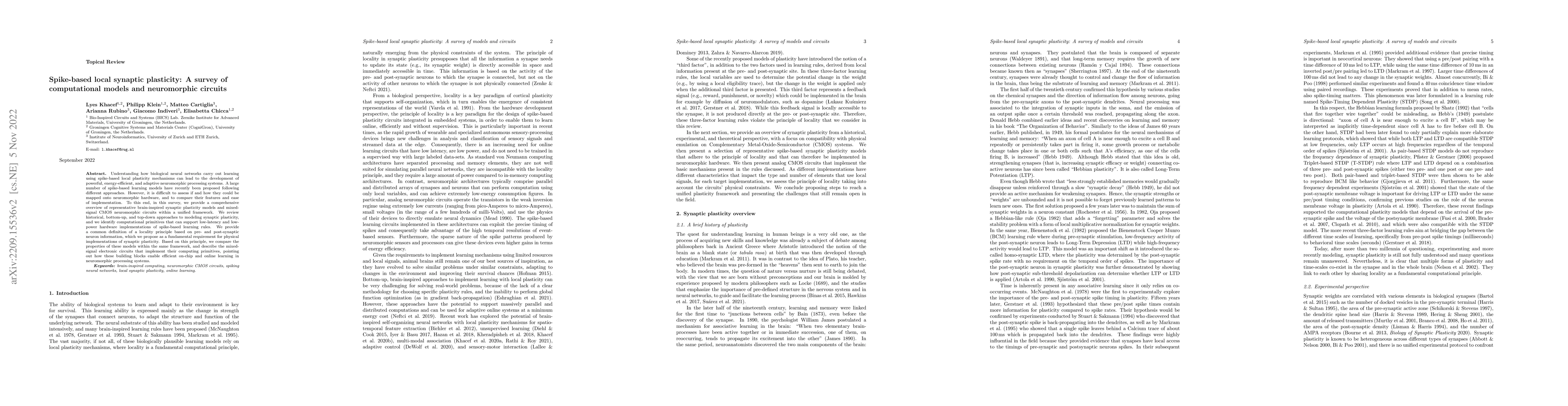 Thumbnail for Spike-based local synaptic plasticity: A survey of computational models
  and neuromorphic circuits