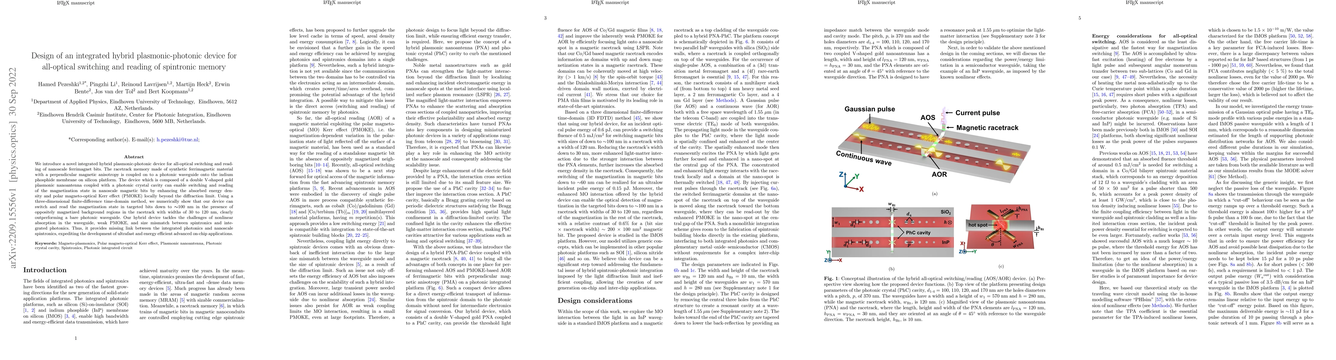 Thumbnail for Design of an integrated hybrid plasmonic-photonic device for all-optical
  switching and reading of spintronic memory