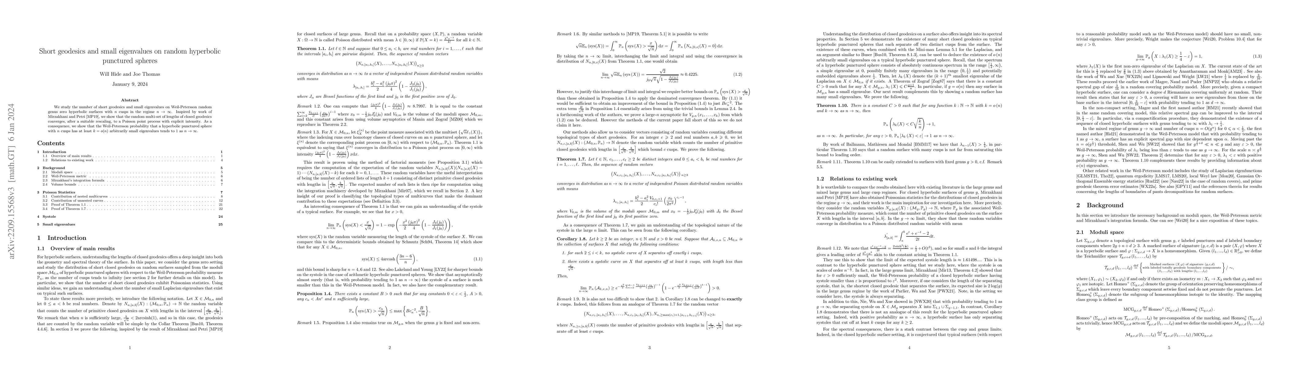 Thumbnail for Short geodesics and small eigenvalues on random hyperbolic punctured
  spheres