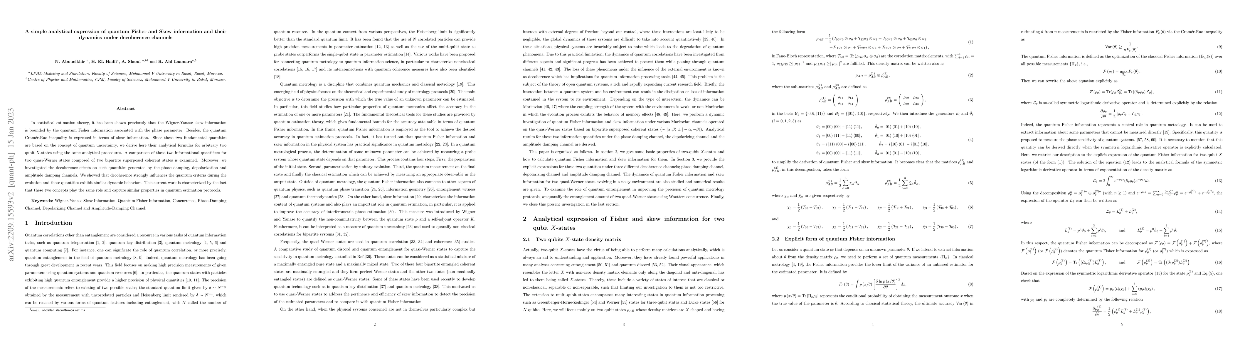 Thumbnail for A simple analytical expression of quantum Fisher and Skew information
  and their dynamics under decoherence channels