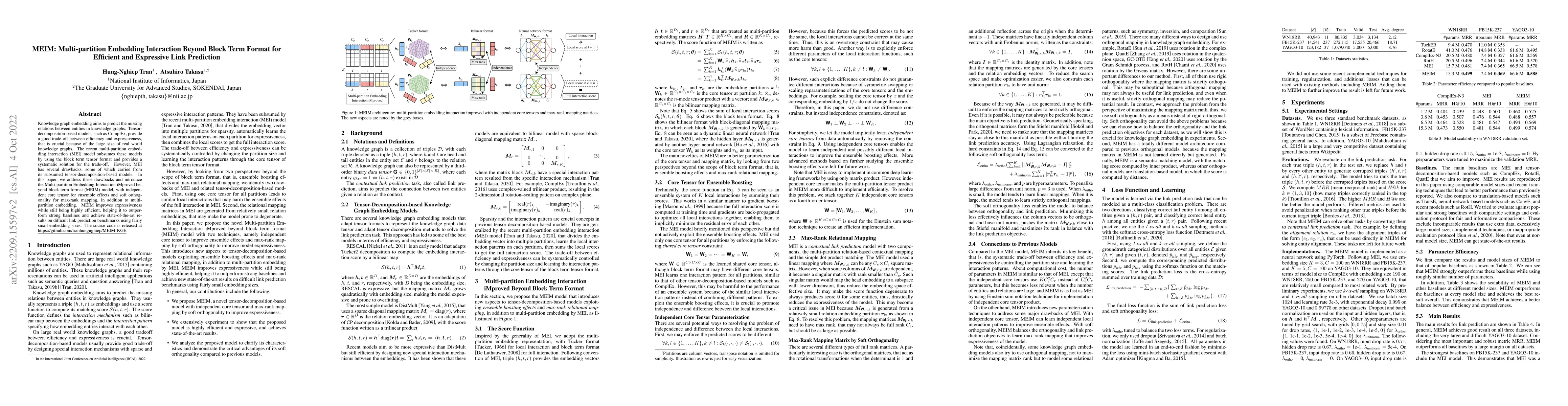 Thumbnail for MEIM: Multi-partition Embedding Interaction Beyond Block Term Format for
  Efficient and Expressive Link Prediction