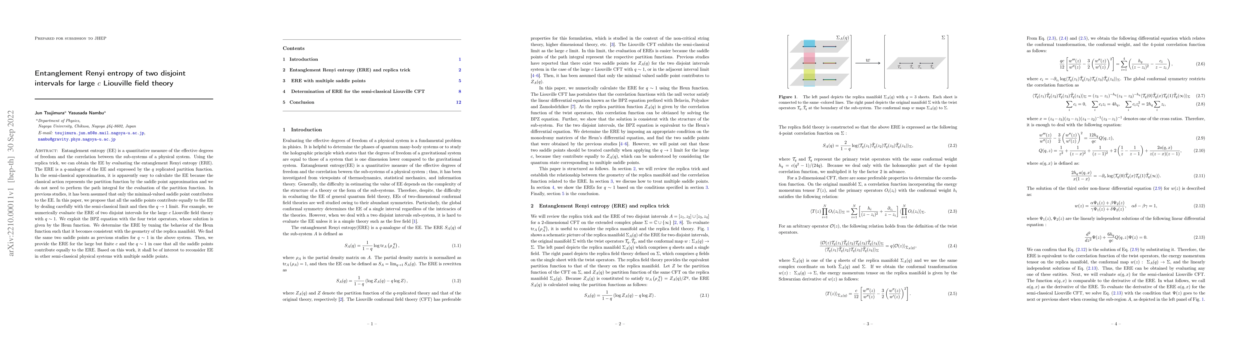 Thumbnail for Entanglement Renyi entropy of two disjoint intervals for large $c$
  Liouville field theory