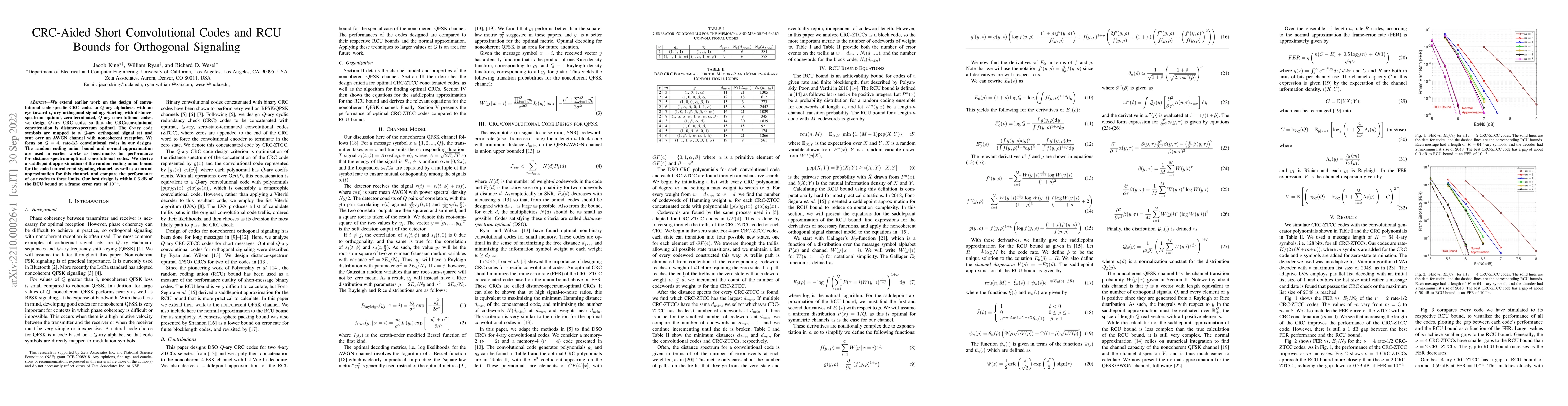 Thumbnail for CRC-Aided Short Convolutional Codes and RCU Bounds for Orthogonal
  Signaling