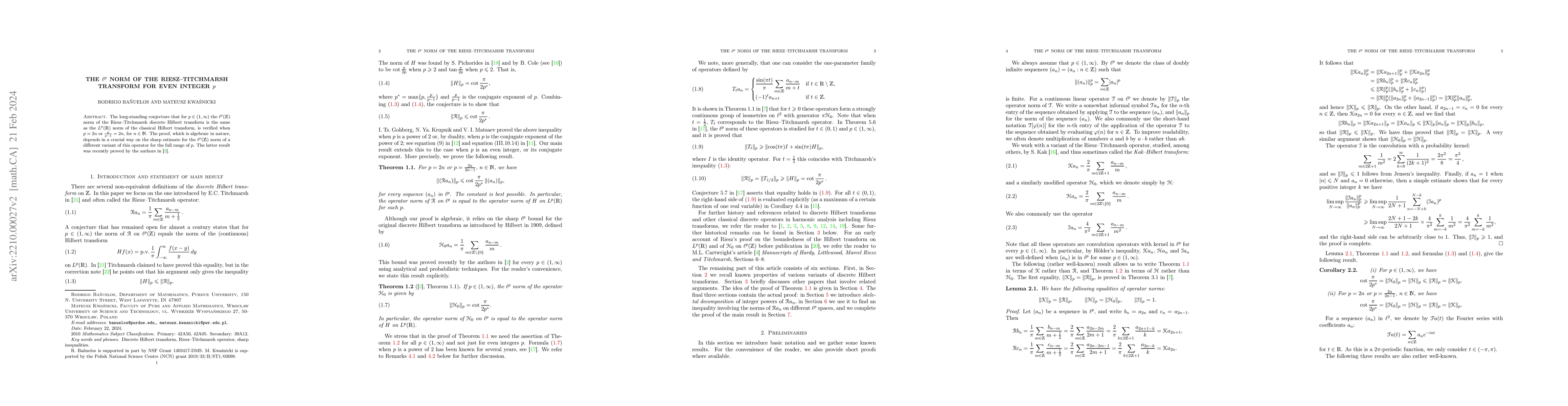Thumbnail for The $\ell^p$ norm of the Riesz--Titchmarsh transform for even integer
  $p$