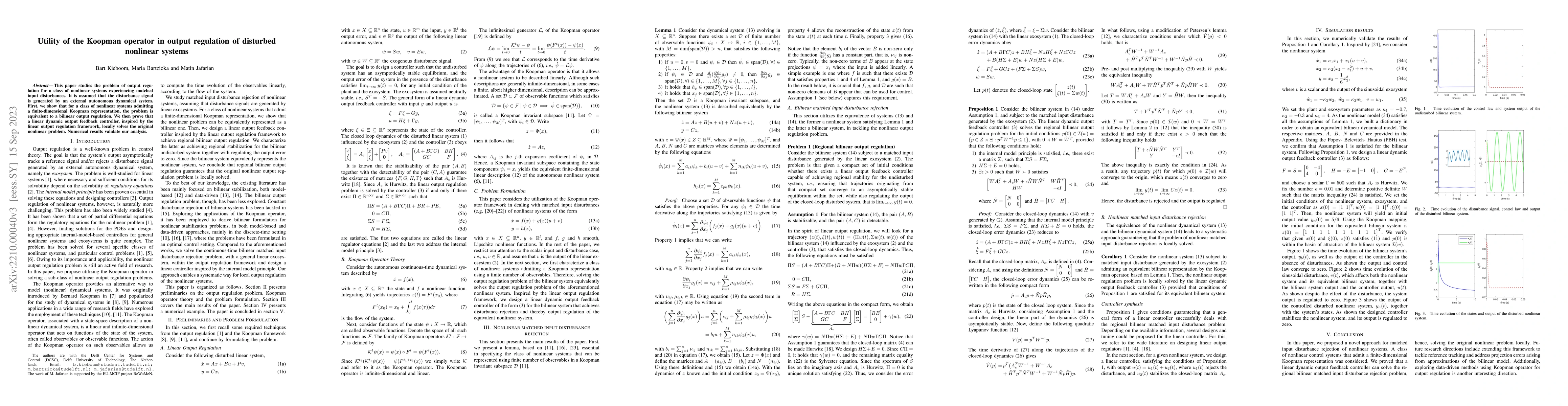 Thumbnail for Utility of the Koopman operator in output regulation of disturbed
  nonlinear systems