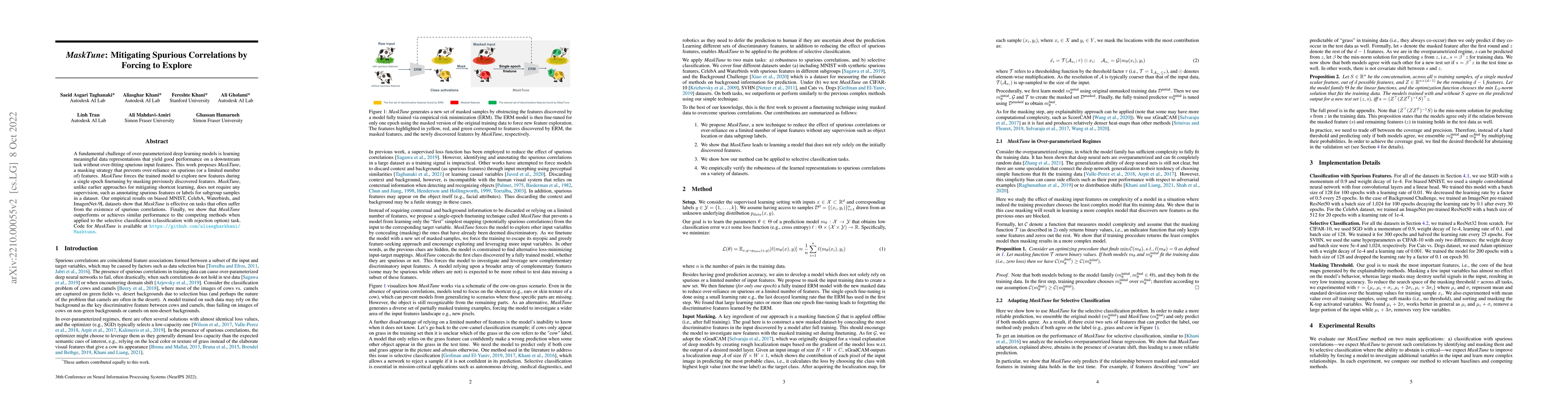 Thumbnail for MaskTune: Mitigating Spurious Correlations by Forcing to Explore