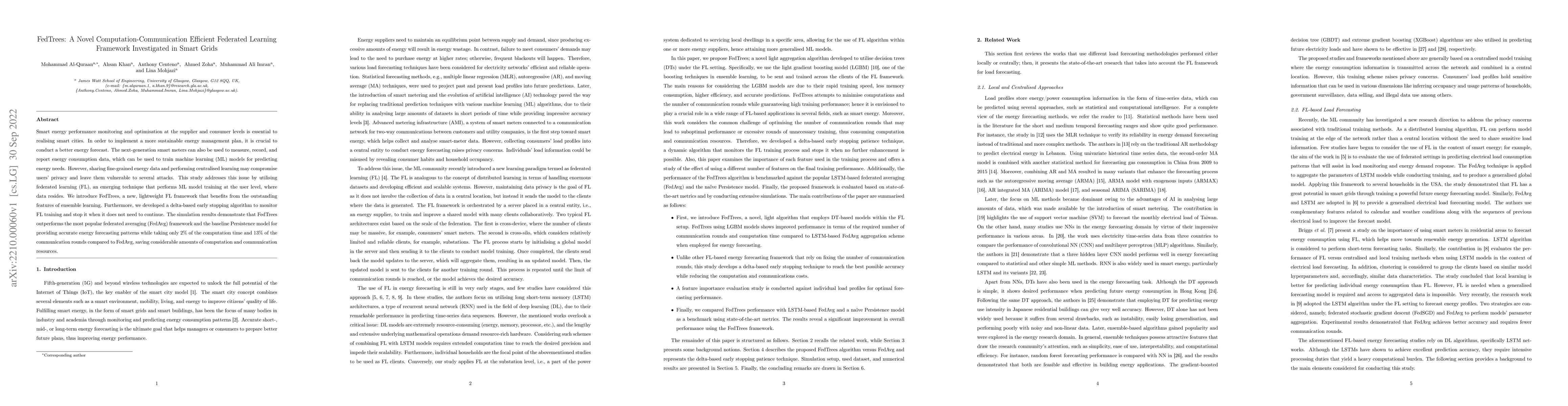 Thumbnail for FedTrees: A Novel Computation-Communication Efficient Federated Learning
  Framework Investigated in Smart Grids