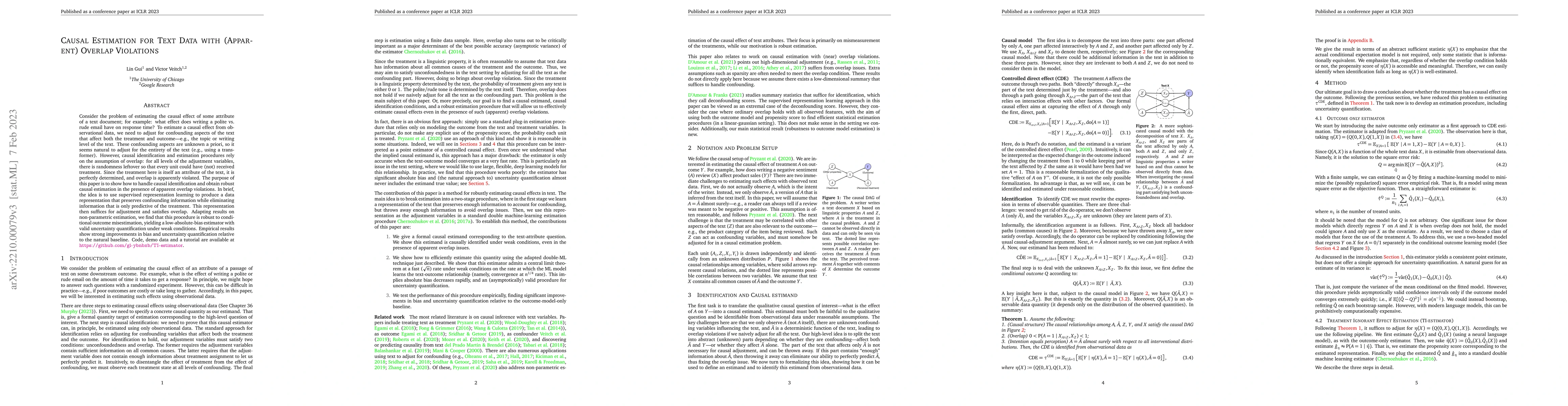 Thumbnail for Causal Estimation for Text Data with (Apparent) Overlap Violations