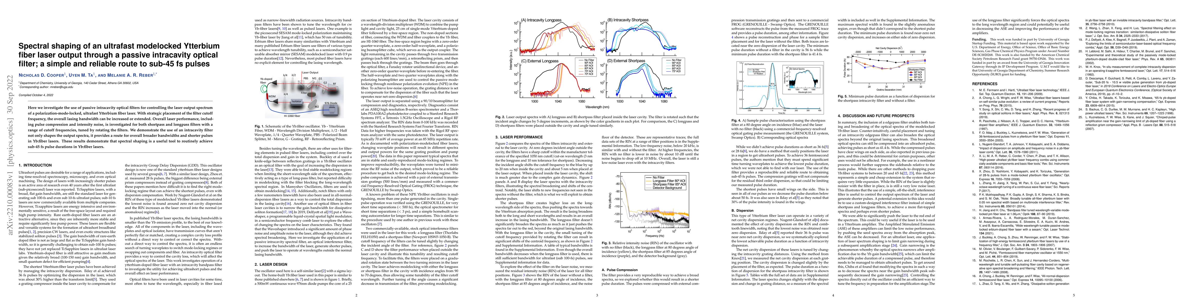 Thumbnail for Spectral shaping of an ultrafast modelocked Ytterbium fiber laser output
  through a passive intracavity optical filter; a simple and reliable route to
  sub-45 fs pulses