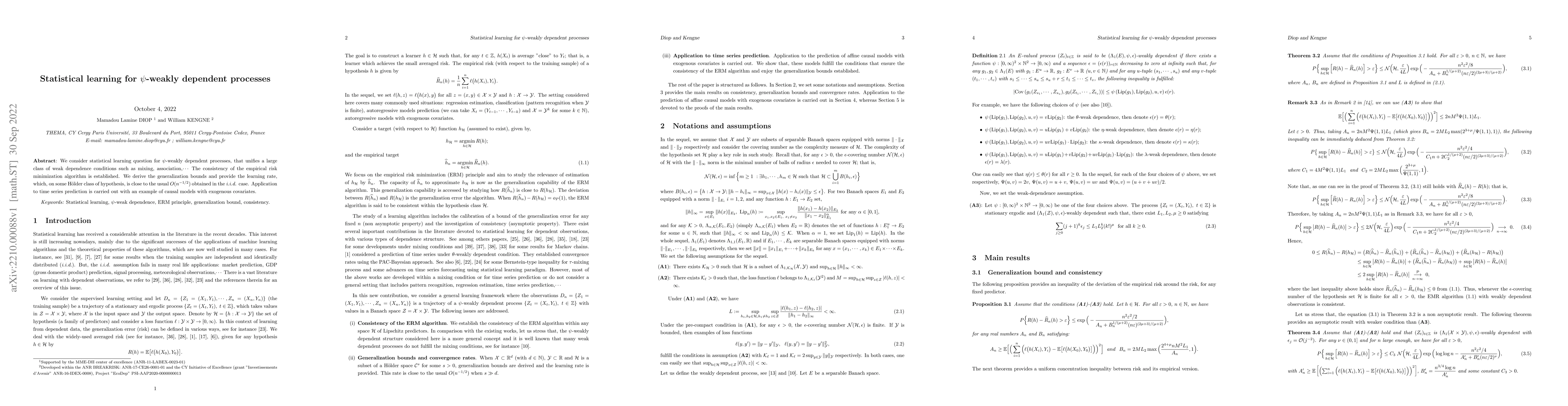 Thumbnail for Statistical learning for $\psi$-weakly dependent processes
