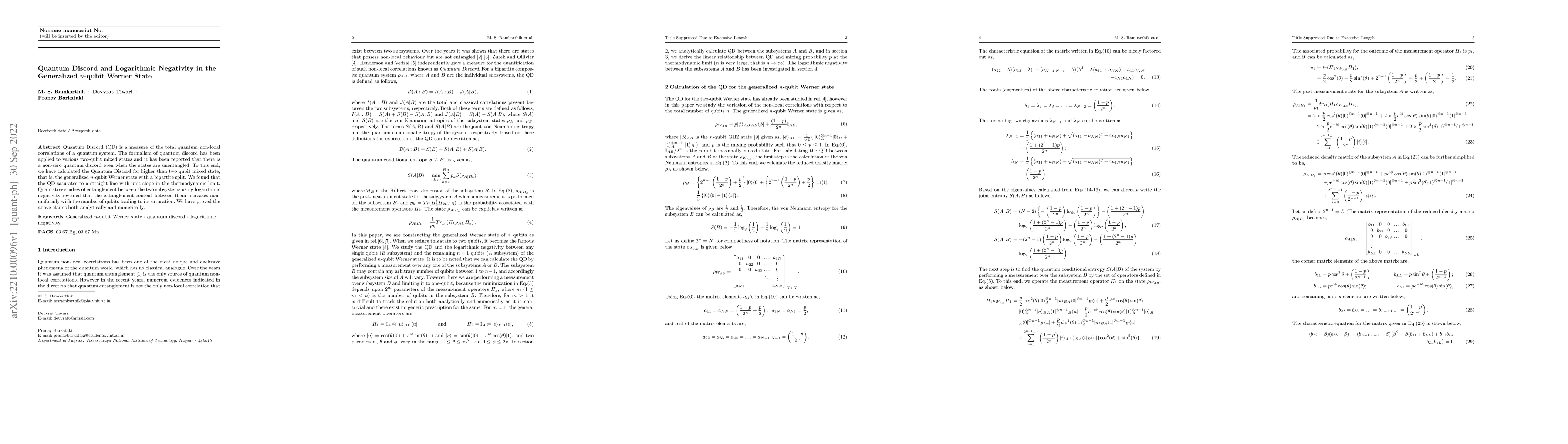 Thumbnail for Quantum Discord and Logarithmic Negativity in the Generalized n-qubit
  Werner State