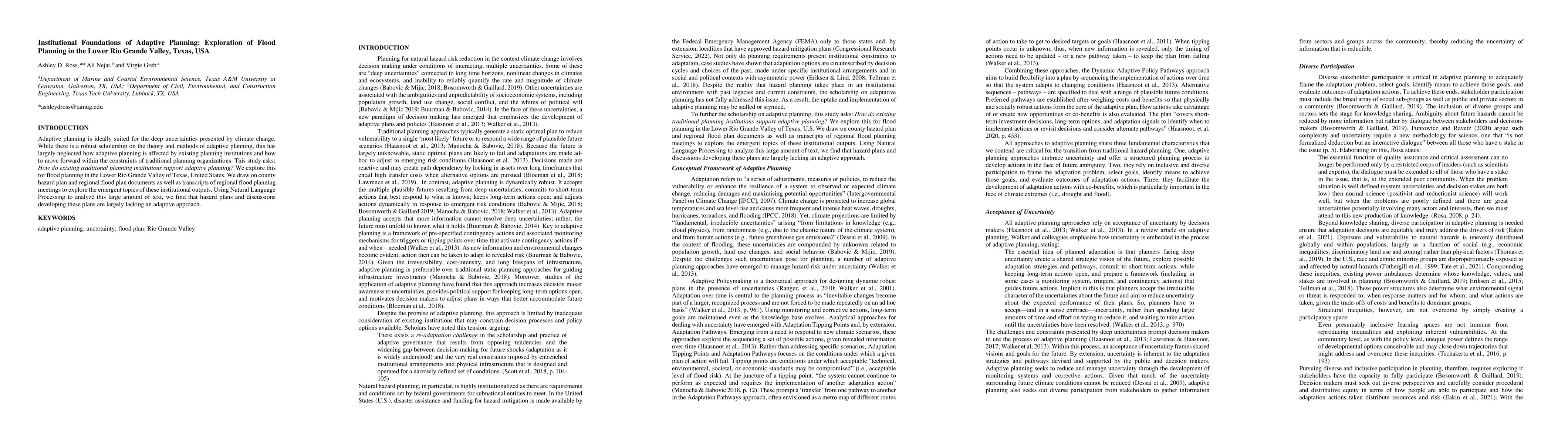 Thumbnail for Institutional Foundations of Adaptive Planning: Exploration of Flood
  Planning in the Lower Rio Grande Valley, Texas, USA