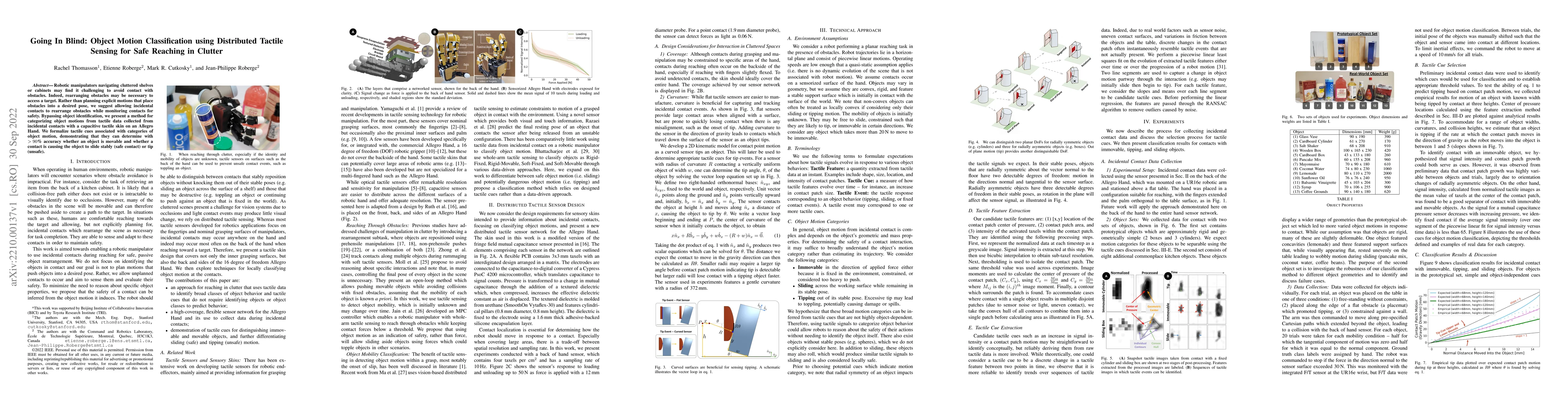 Thumbnail for Going In Blind: Object Motion Classification using Distributed Tactile
  Sensing for Safe Reaching in Clutter
