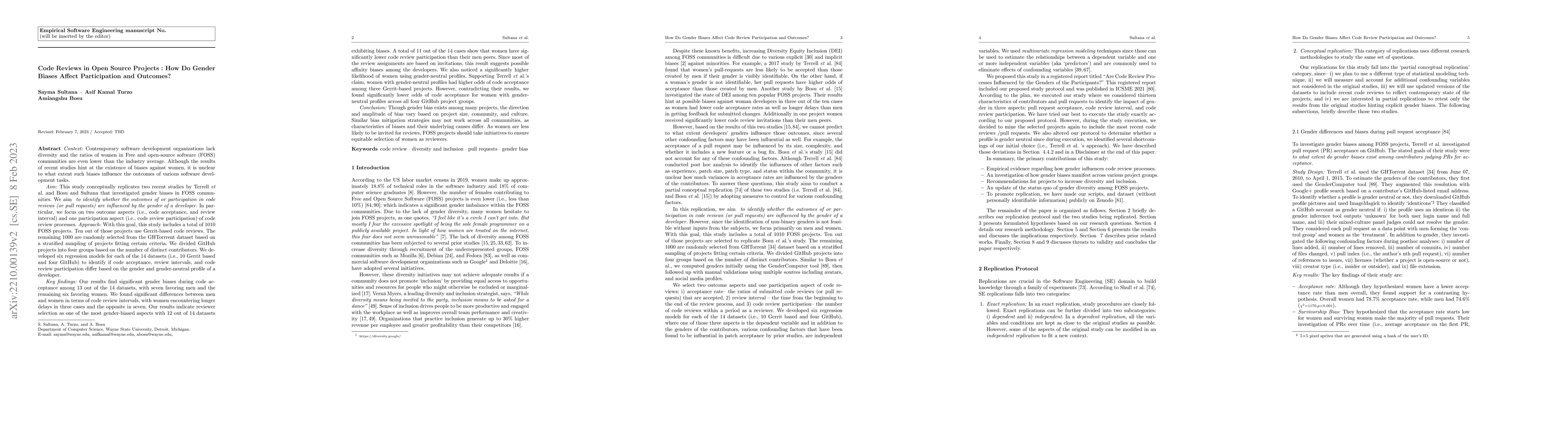 Thumbnail for Code Reviews in Open Source Projects : How Do Gender Biases Affect
  Participation and Outcomes?