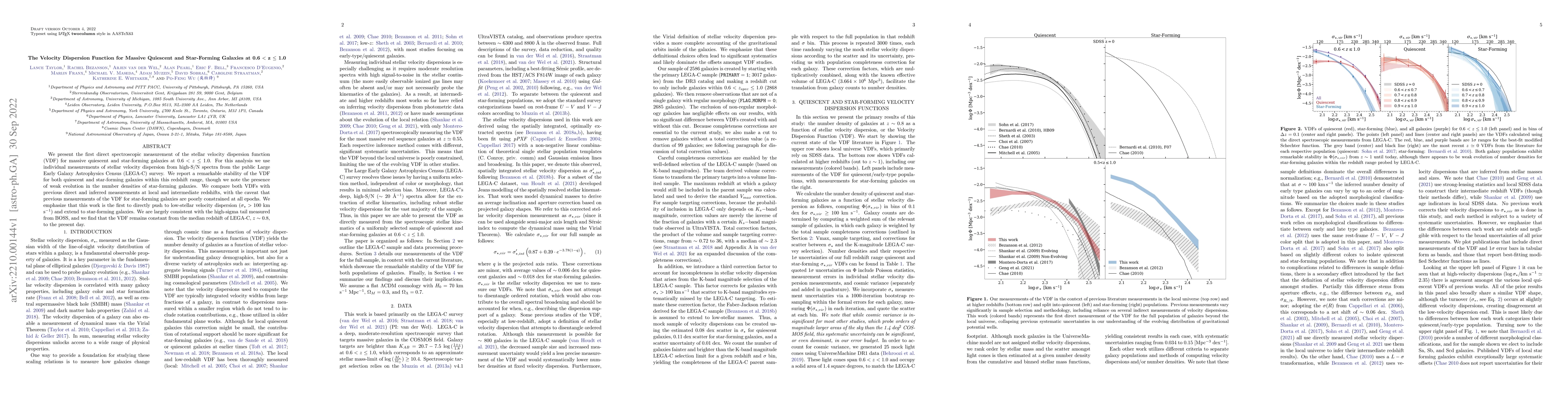 Thumbnail for The Velocity Dispersion Function for Massive Quiescent and Star-Forming
  Galaxies at 0.6 $<$ z $\leq$ 1.0