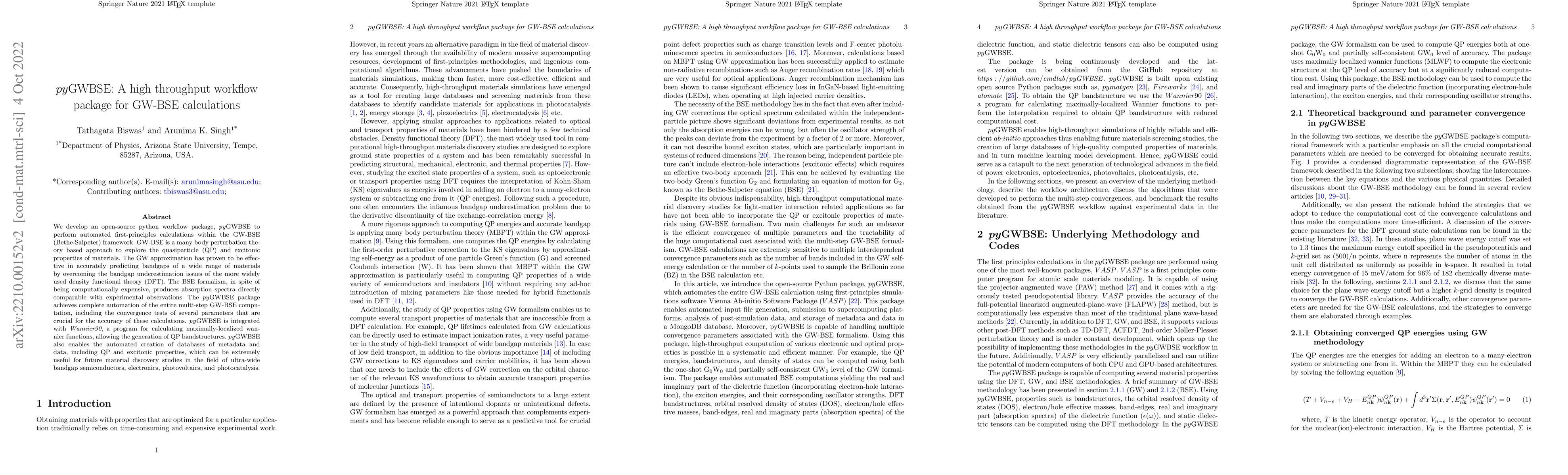 Thumbnail for $py$GWBSE: A high throughput workflow package for GW-BSE calculations
