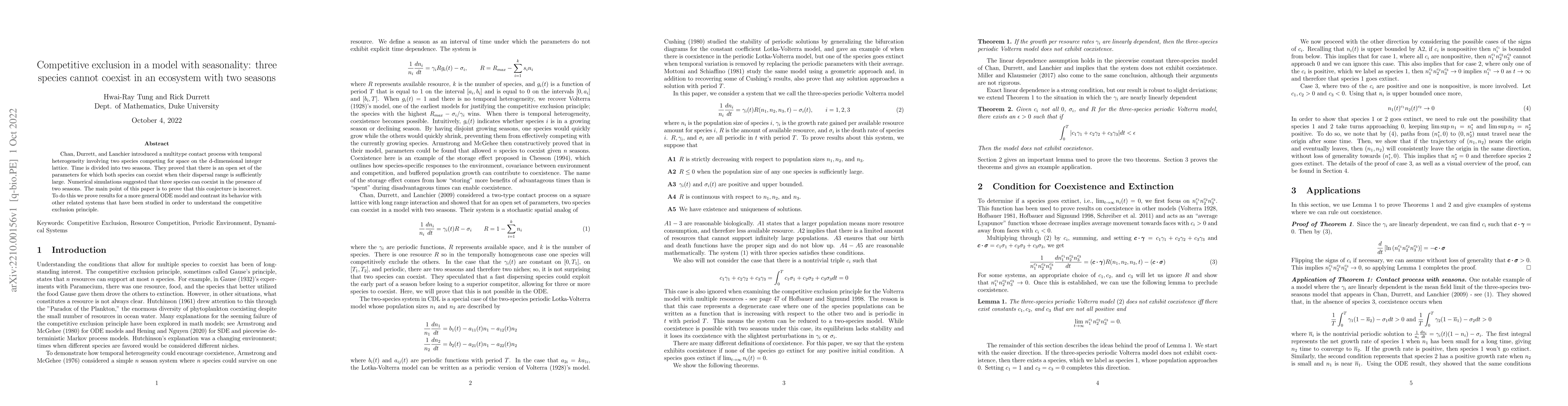Thumbnail for Competitive exclusion in a model with seasonality: three species cannot
  coexist in an ecosystem with two seasons