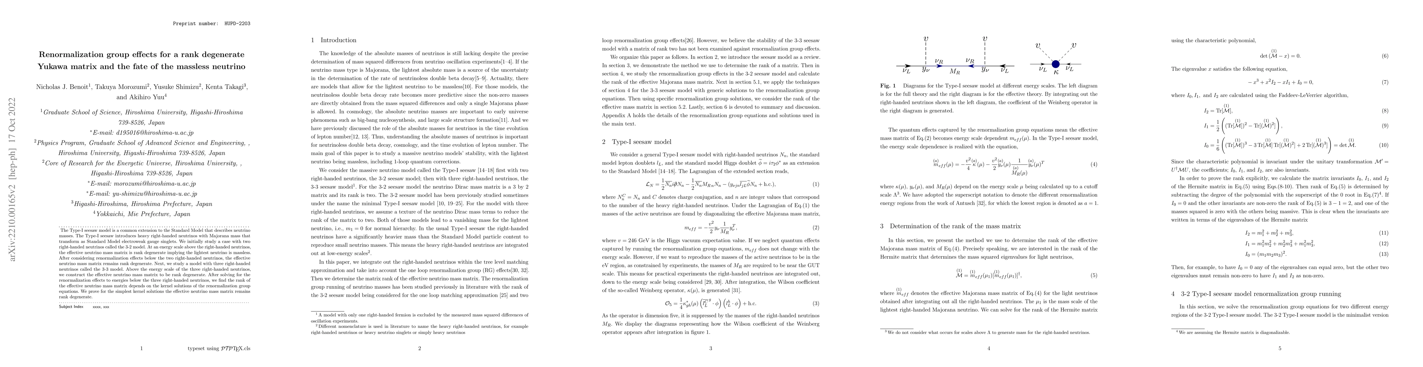 Thumbnail for Renormalization group effects for a rank degenerate Yukawa matrix and
  the fate of the massless neutrino