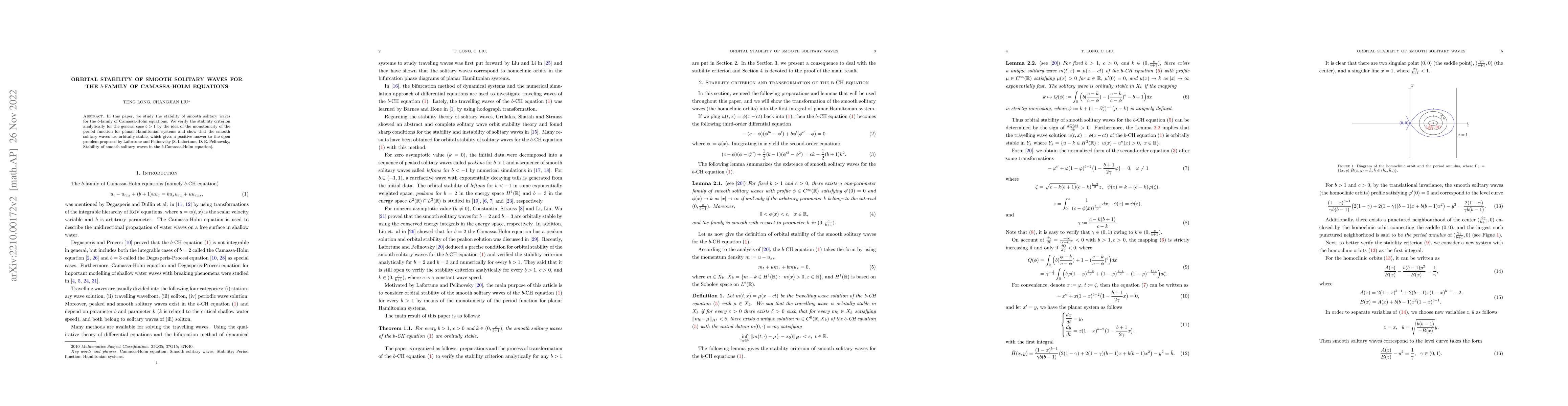 Thumbnail for Orbital stability of smooth solitary waves for the $b$-family of
  Camassa-Holm equations