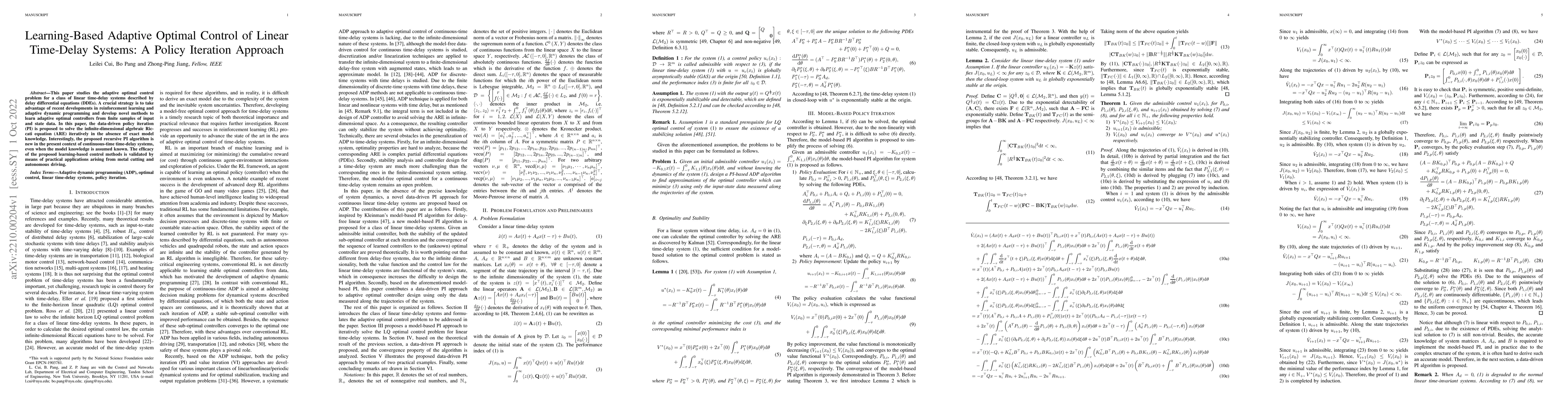 Thumbnail for Learning-Based Adaptive Optimal Control of Linear Time-Delay Systems: A
  Policy Iteration Approach