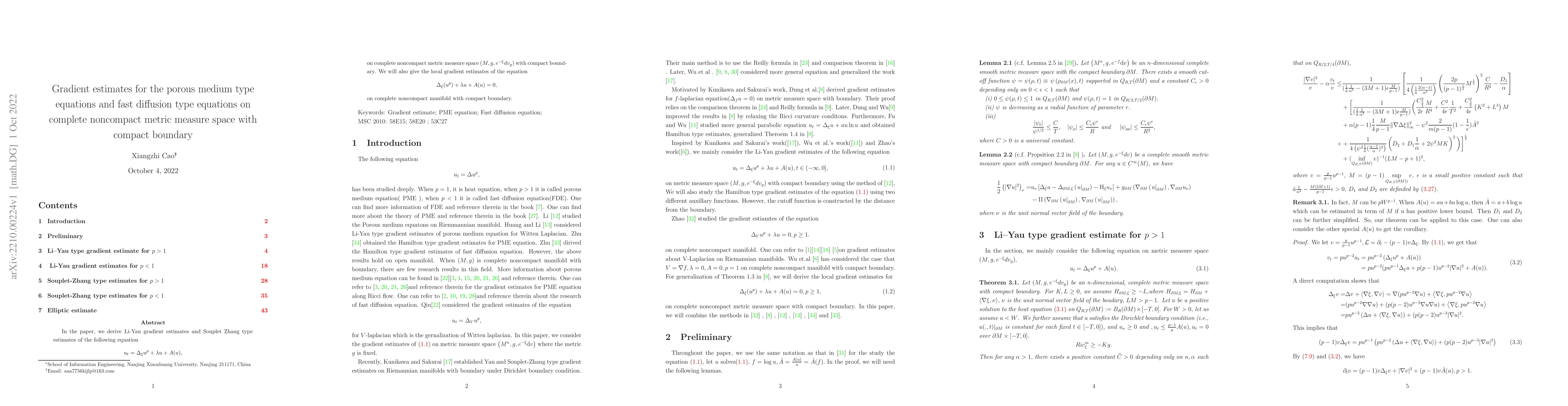 Thumbnail for Gradient estimates for the porous medium type equations and fast
  diffusion type equations on complete noncompact metric measure space with
  compact boundary