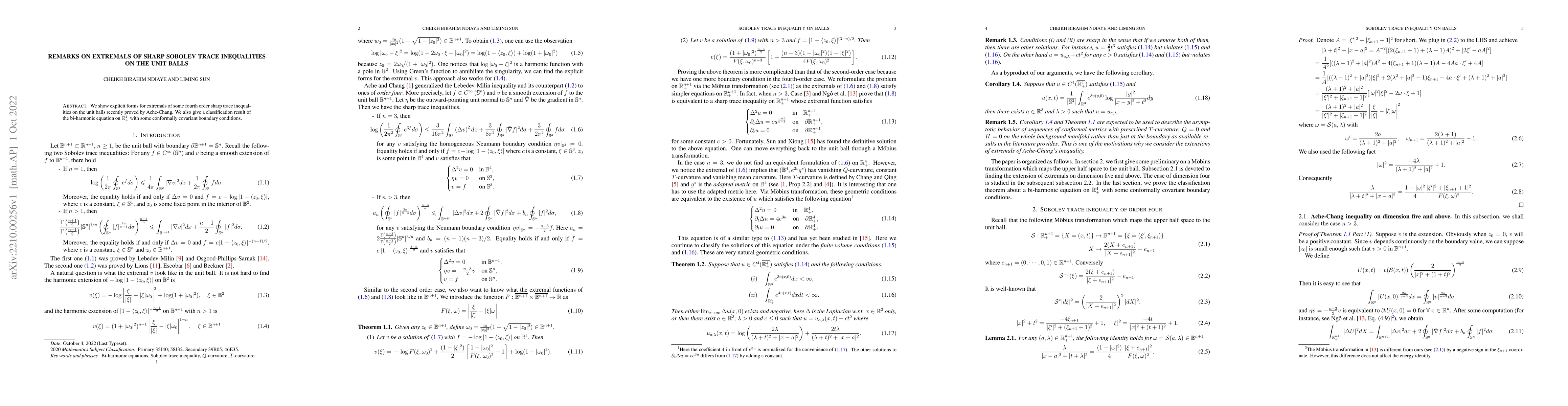 Thumbnail for Remarks on extremals of sharp Sobolev trace inequalities on the unit
  balls