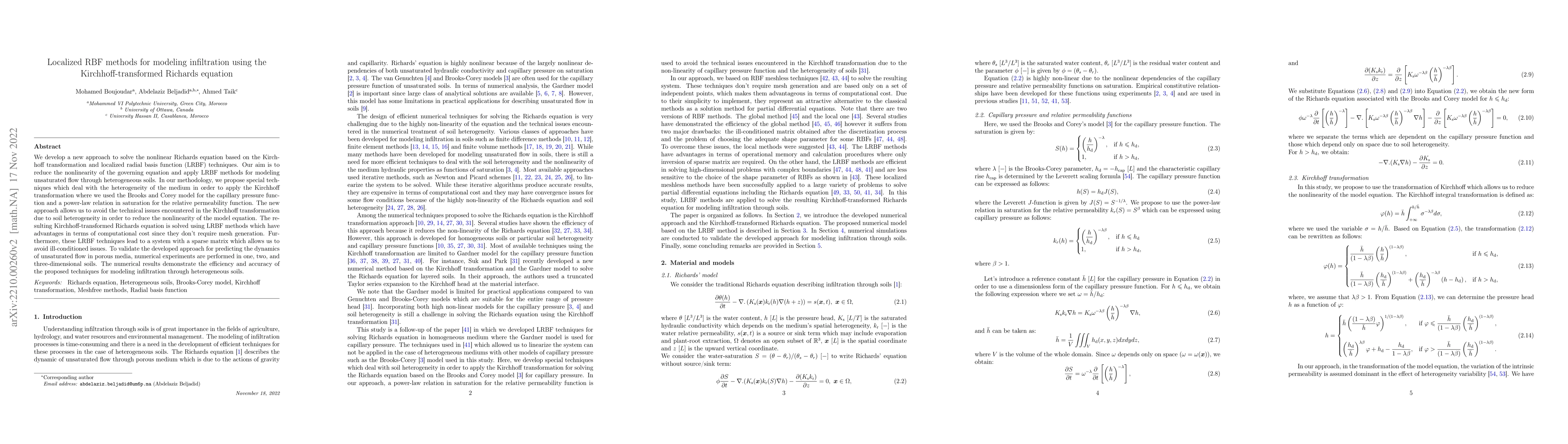Thumbnail for Localized RBF methods for modeling infiltration using the
  Kirchhoff-transformed Richards equation