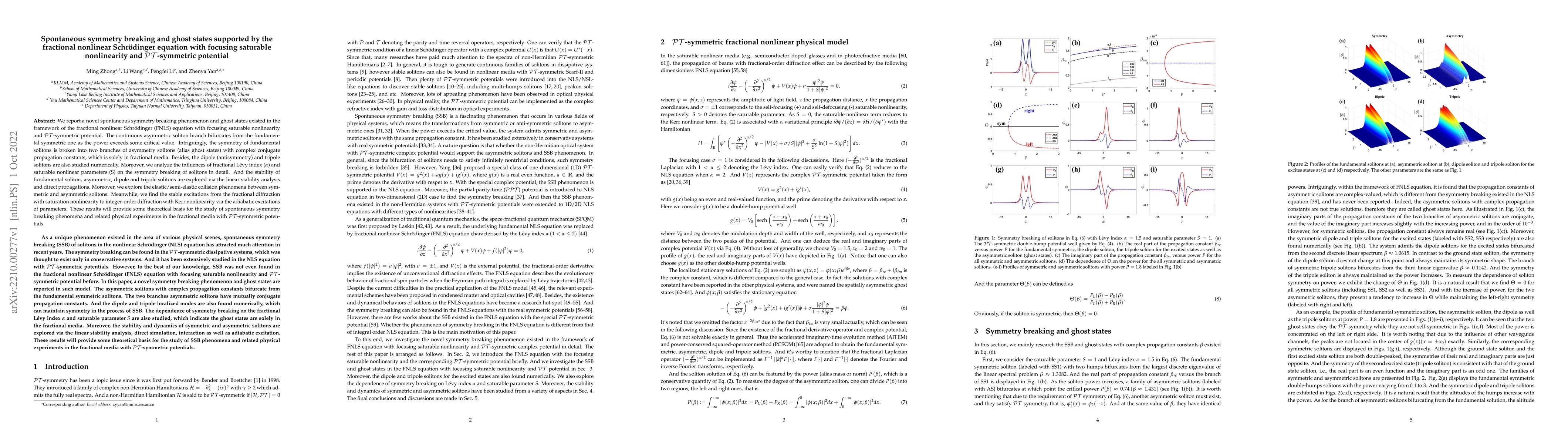 Thumbnail for Spontaneous symmetry breaking and ghost states supported by the
  fractional nonlinear Schr\"odinger equation with focusing saturable
  nonlinearity and PT-symmetric potential