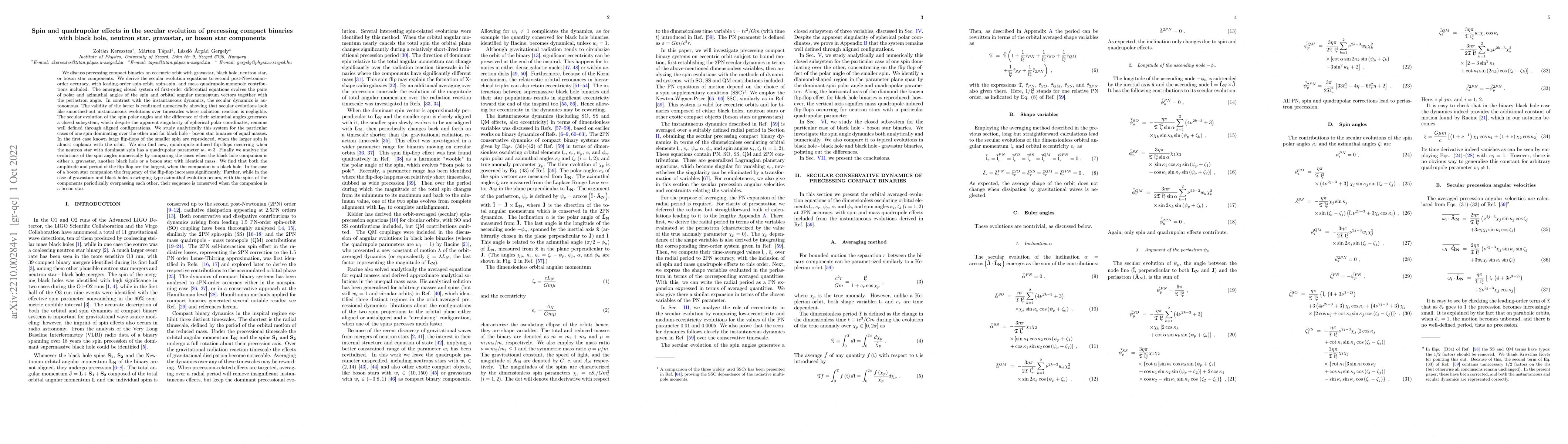 Thumbnail for Spin and quadrupolar effects in the secular evolution of precessing
  compact binaries with black hole, neutron star, gravastar, or boson star
  components