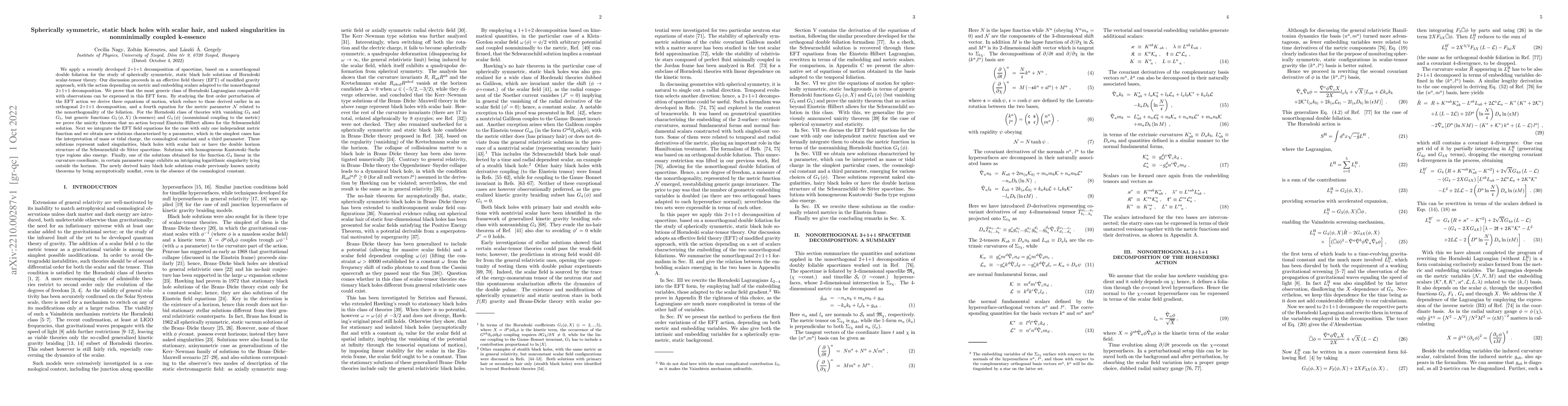 Thumbnail for Spherically symmetric, static black holes with scalar hair, and naked
  singularities in nonminimally coupled k-essence
