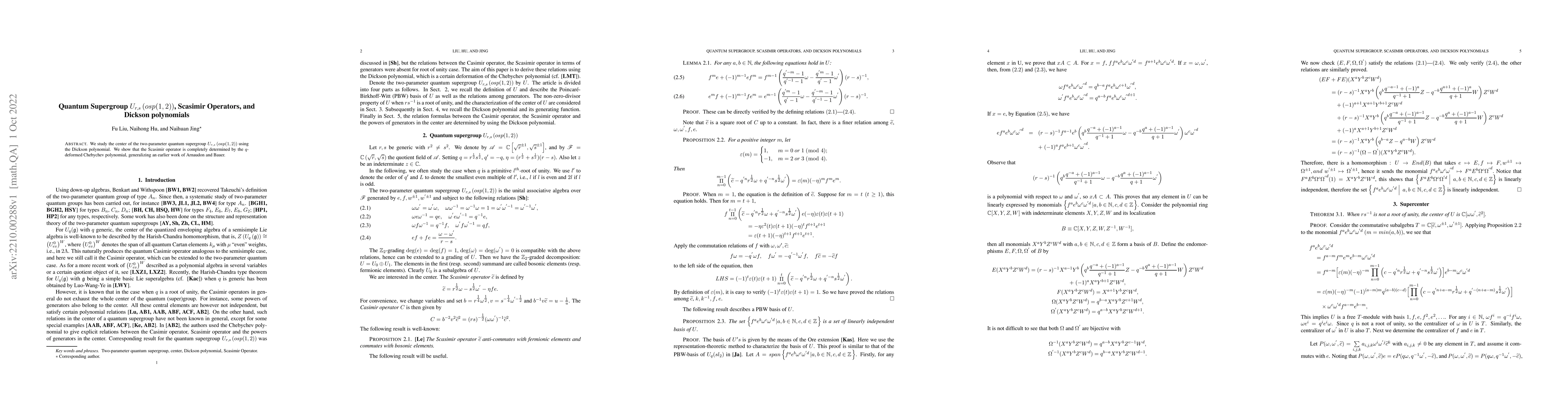 Thumbnail for Quantum Supergroup $U_{r,s}(osp(1,2))$, Scasimir Operators, and Dickson
  polynomials