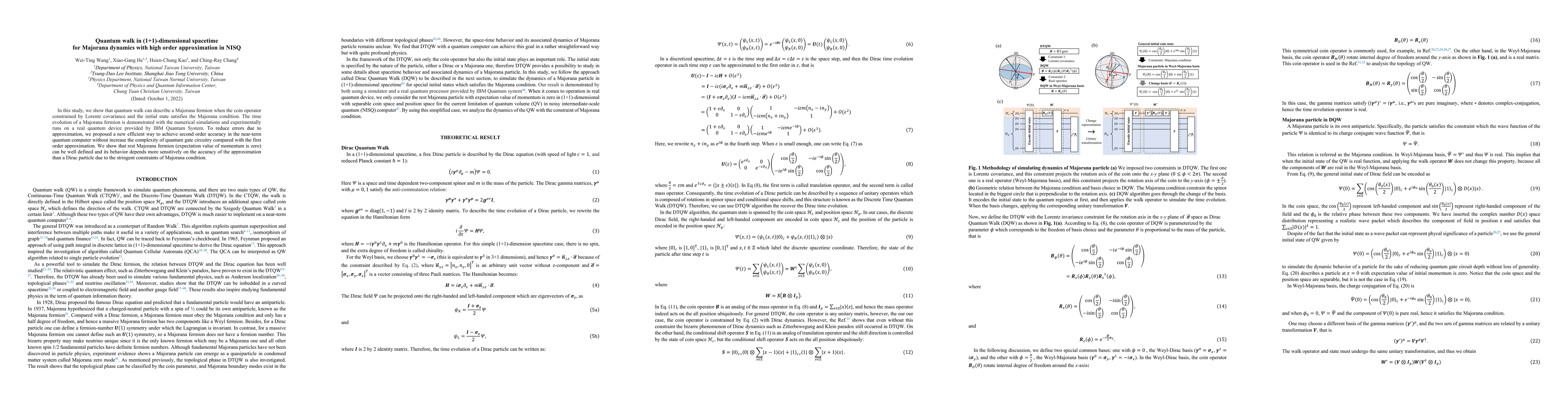 Thumbnail for Quantum walk in (1+1)-dimensional spacetime for Majorana dynamics with
  high order approximation in NISQ