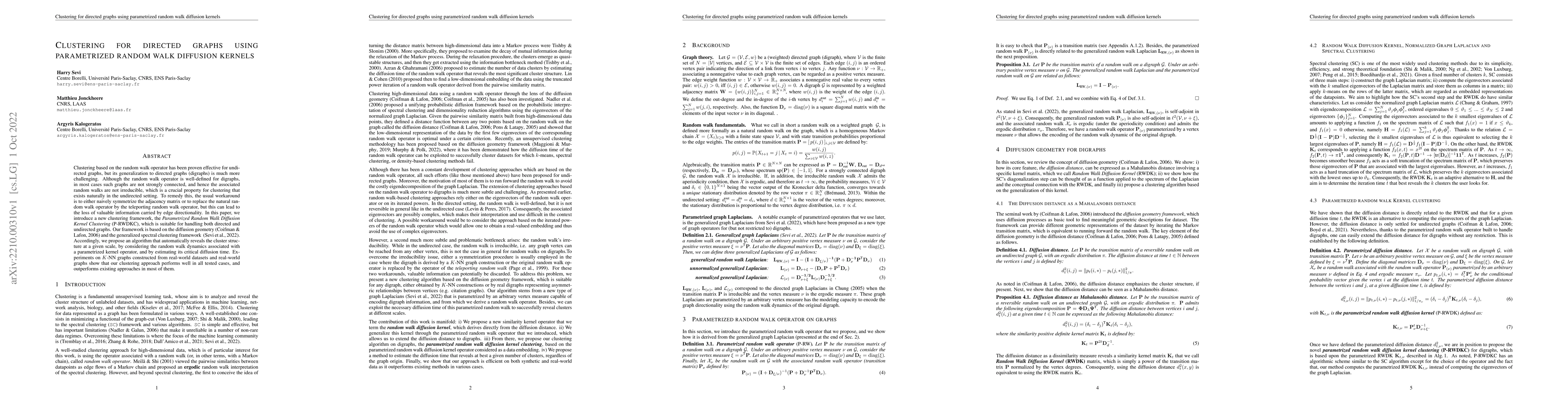Thumbnail for Clustering for directed graphs using parametrized random walk diffusion
  kernels