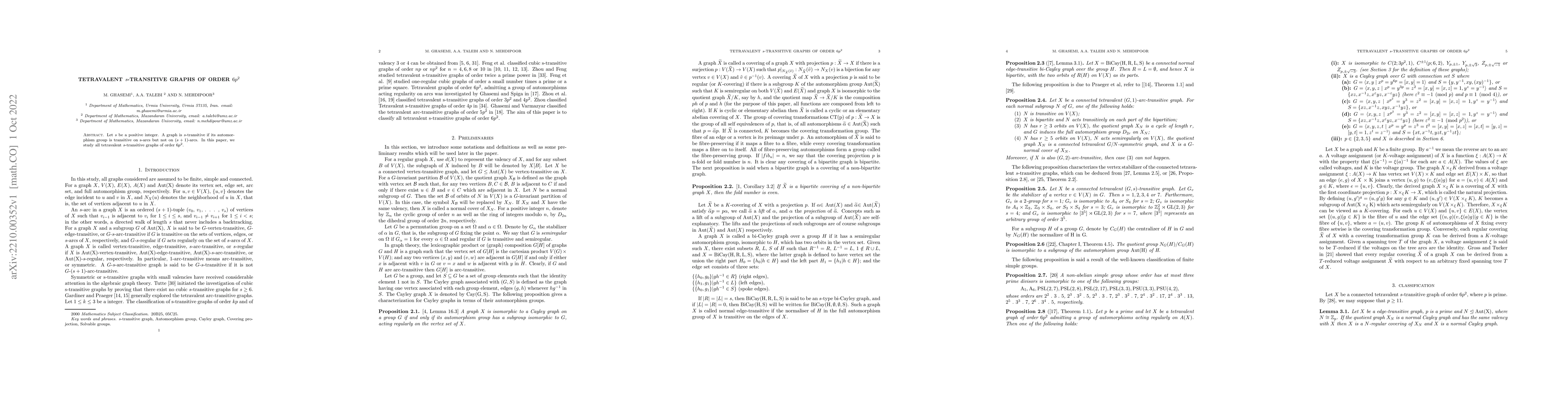 Thumbnail for Tetravalent s-transitive graphs of order $6p^2$