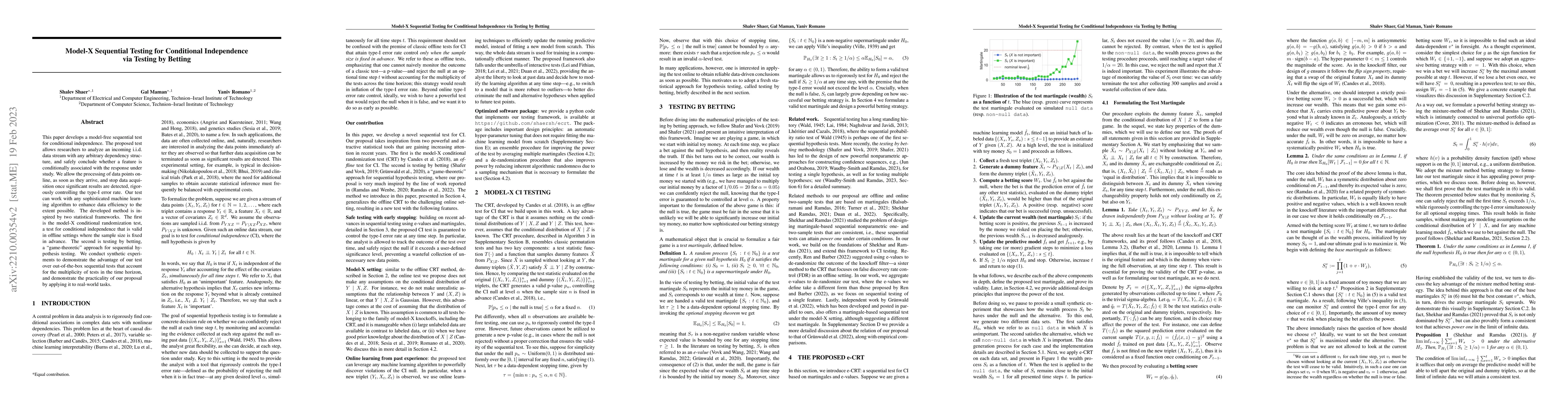 Thumbnail for Model-X Sequential Testing for Conditional Independence via Testing by
  Betting