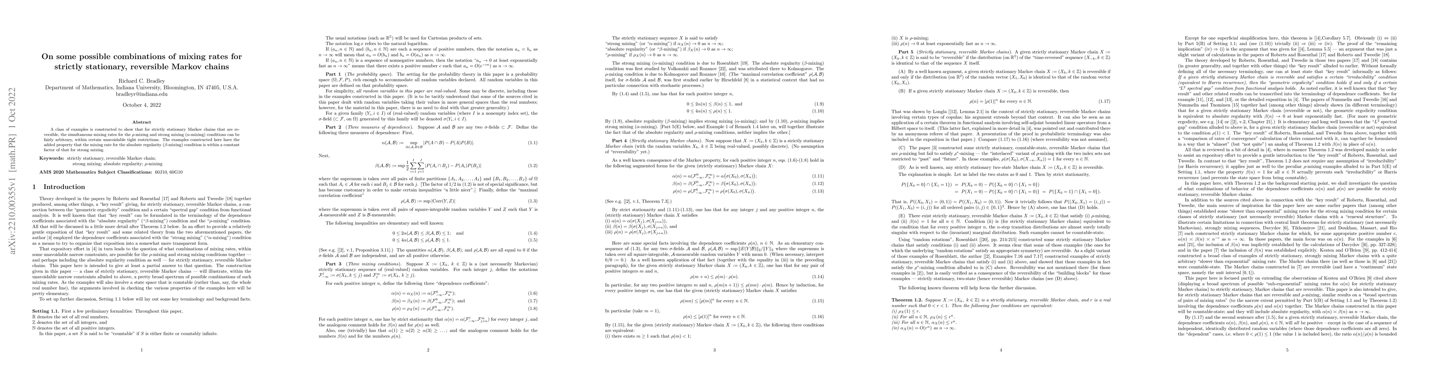 Thumbnail for On some possible combinations of mixing rates for strictly stationary,
  reversible Markov chains