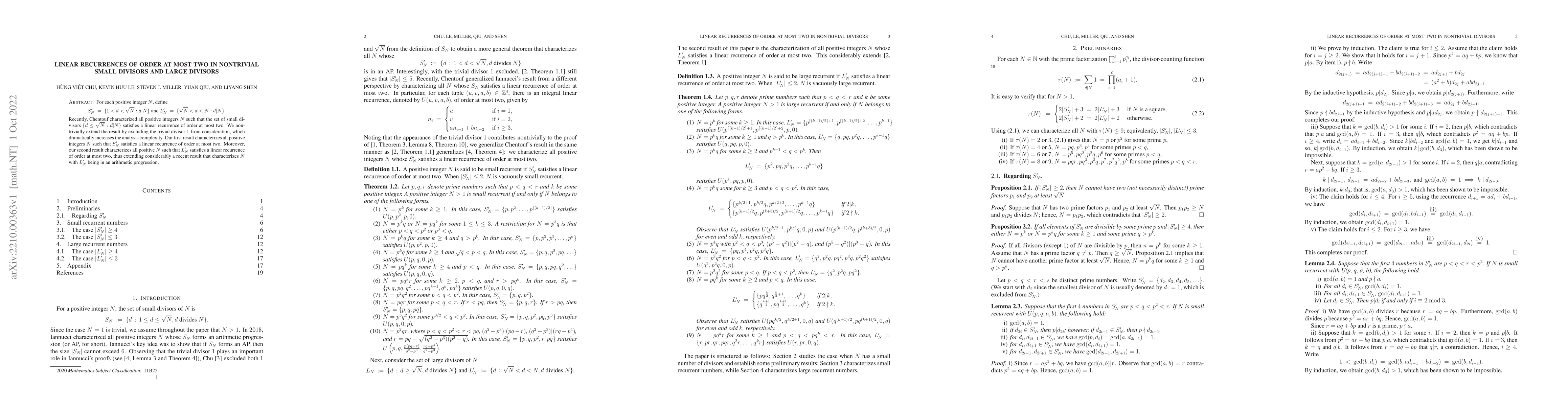 Thumbnail for Linear recurrences of order at most two in nontrivial small divisors and
  large divisors