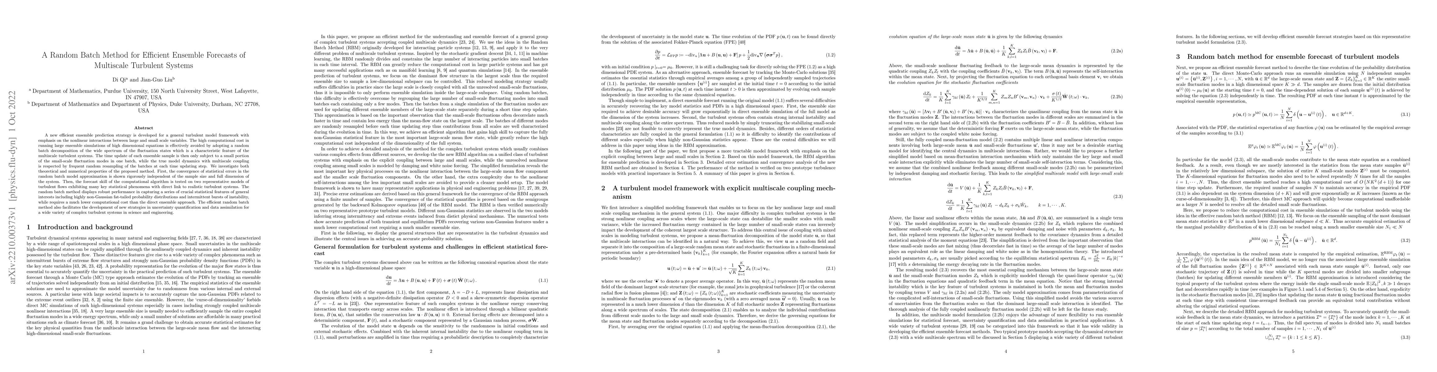 Thumbnail for A Random Batch Method for Efficient Ensemble Forecasts of Multiscale
  Turbulent Systems