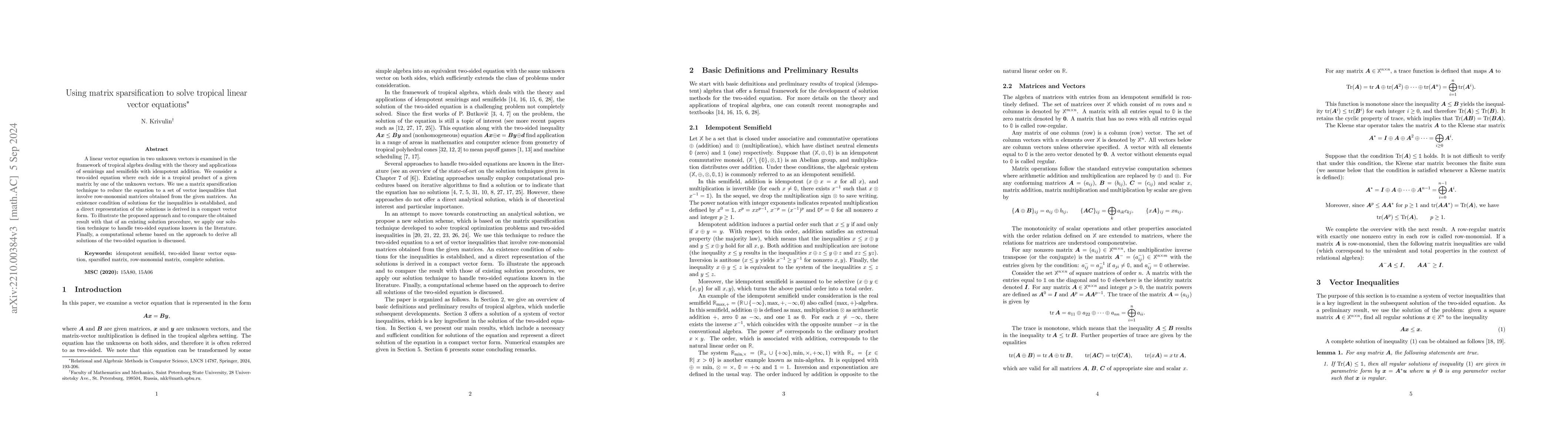 Thumbnail for Using matrix sparsification to solve tropical linear vector equations
