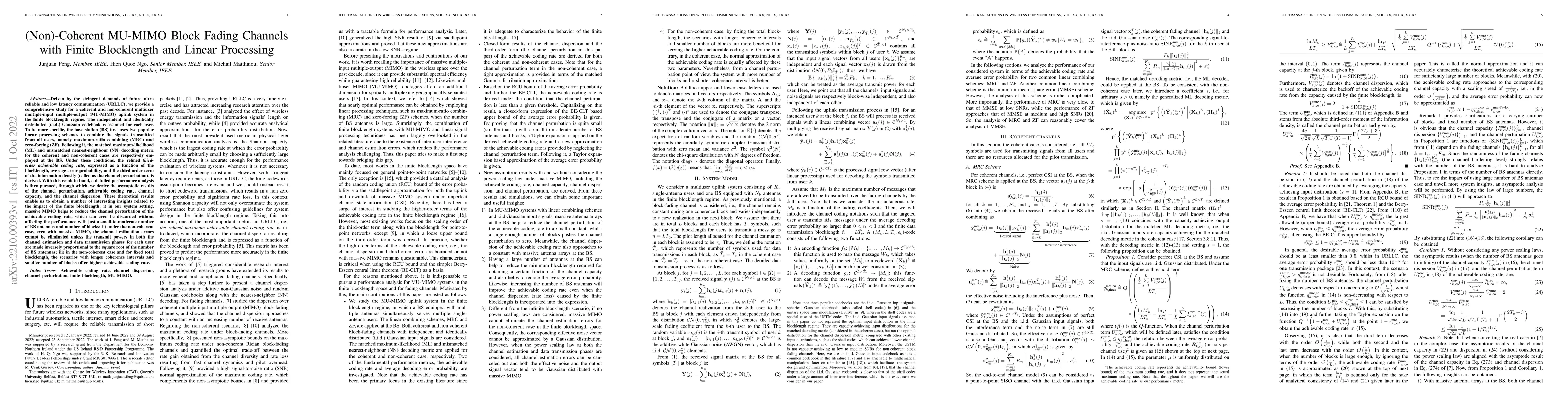 Thumbnail for (Non)-Coherent MU-MIMO Block Fading Channels with Finite Blocklength and
  Linear Processing