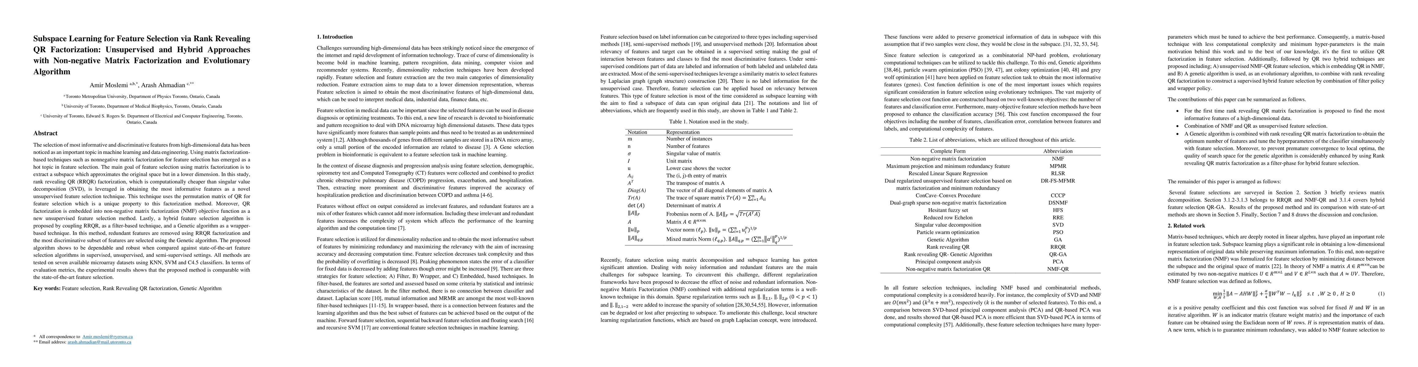 Thumbnail for Subspace Learning for Feature Selection via Rank Revealing QR
  Factorization: Unsupervised and Hybrid Approaches with Non-negative Matrix
  Factorization and Evolutionary Algorithm